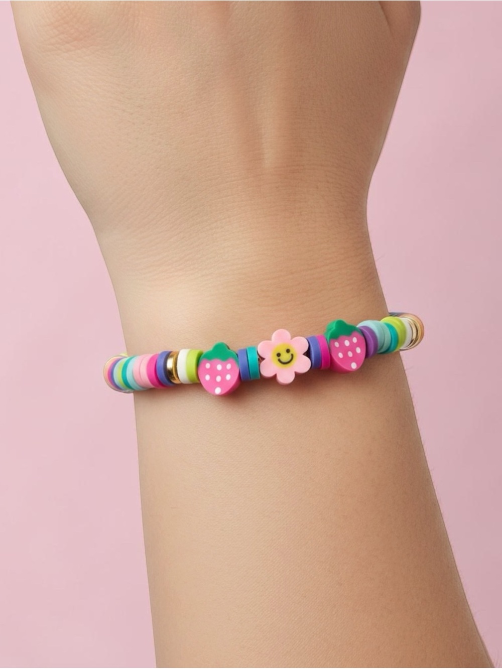 Multicolor Heishi Beaded Stretch Bracelet Strawberry & Flower Charms Stackable - Picture 2 of 3